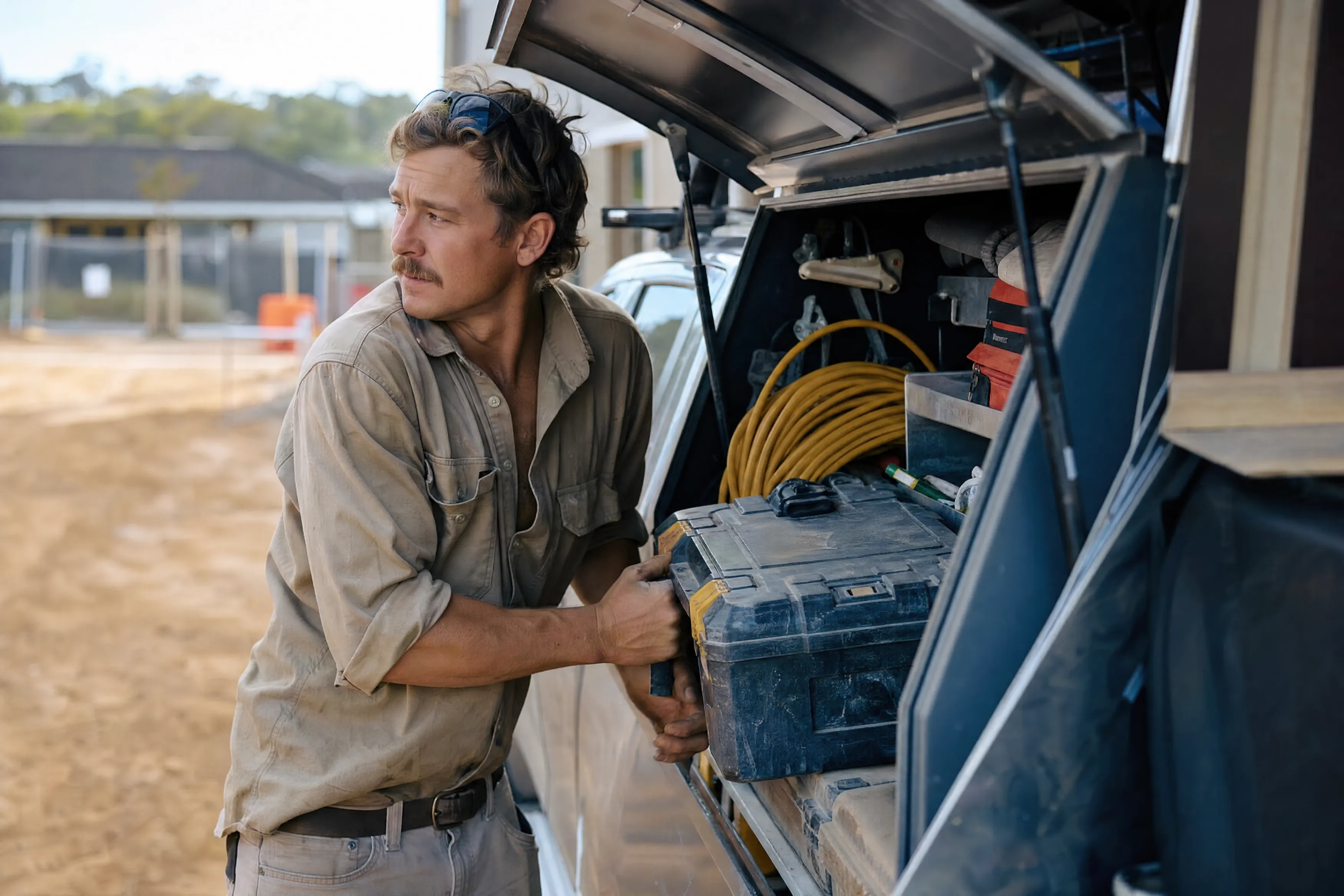 Tradie loading equipment into his work vehicle